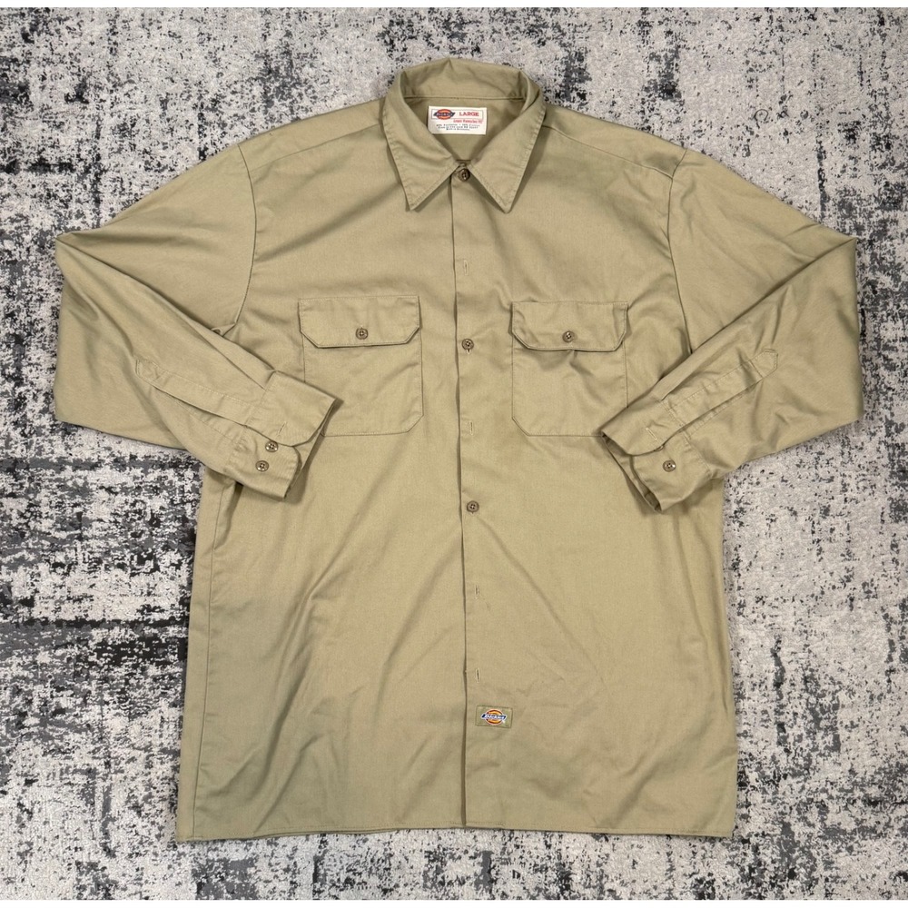 Dickies Mens L Tan Khaki Long Sleeve Work Shirt Button Up